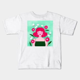 Happy girl with flowers and dragonflies, version 3 Kids T-Shirt